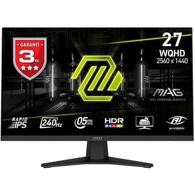 Yüksek çözünürlüklü MSI MAG monitör, 27 inç WQHD ekran, 2560 x 1440 piksel çözünürlük ve 240Hz yenileme hızı ile gelişmiş oyun deneyimi sağlar.