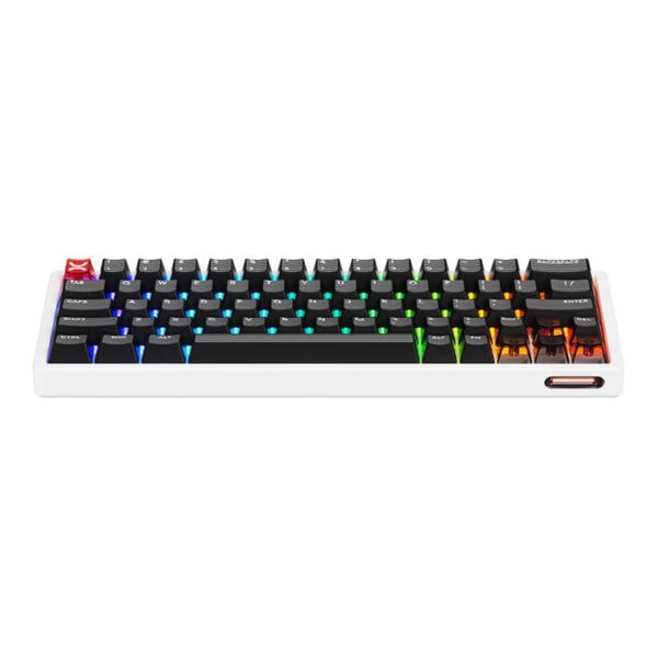 RGB aydınlatmalı mekanik oyun klavyesi, kompakt ve şık tasarım, çeşitli renklerde aydınlatma efektleri, oyun ve ofis kullanımına uygun yüksek performanslı klavye.