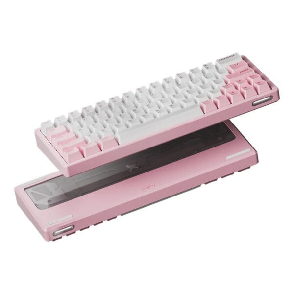 Yarı açık tasarımlı, pembe ve beyaz renkli mekanik klavye, taşıma standıyla birlikte modern bilgisayar aksesuarı, pink renkli bilgisayar klavyesi, notebook ve oyuncu ekipmanı.