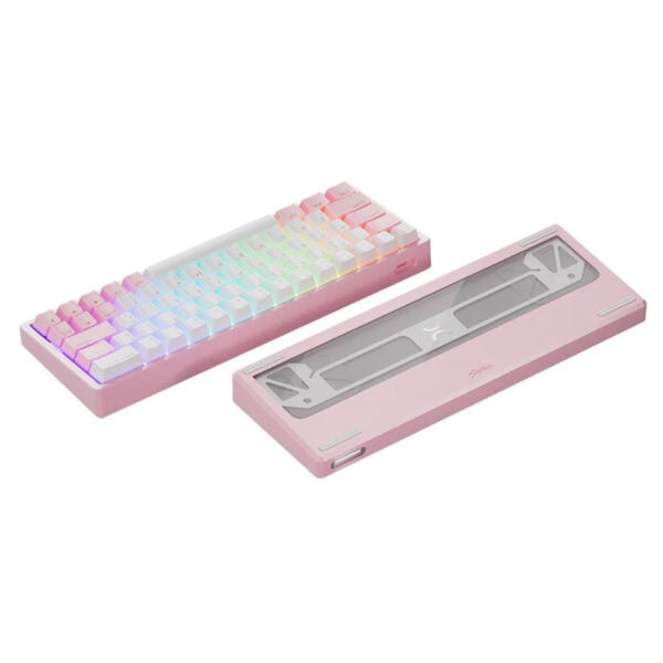 Renkli RGB aydınlatmalı oyuncu mekanik klavye, pembe renk ve şeffaf kasa tasarımıyla öne çıkıyor. Yüksek performans ve estetik uyum sağlar, bilgisayar ve oyun tutkunları için ideal.