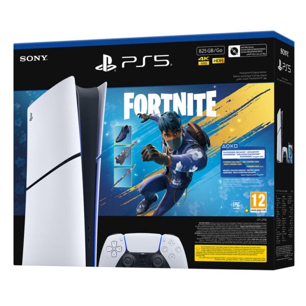 Yüksek çözünürlüklü PS5 ve Fortnite oyunu içeriği ile uyumlu oyun konsolu karton kutusu.
