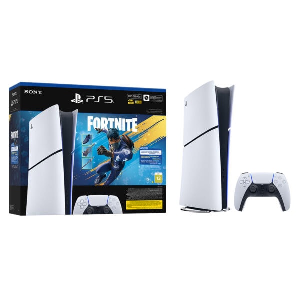 Yüksek kaliteli PS5 oyun konsolu ve kontrolcü, Fortnite ile uyumlu, 4K HDR özellikli, şık tasarım, hızlı performans ve gelişmiş grafikler için ideal.