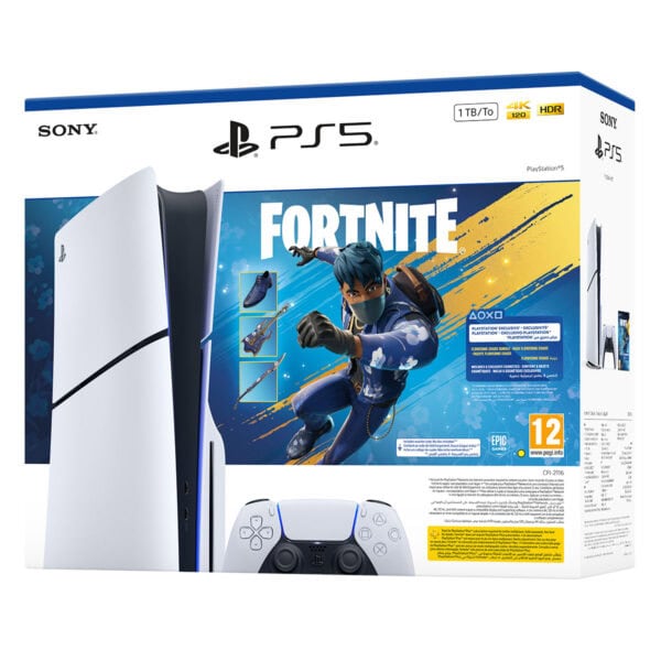 Yüksek çözünürlüklü PlayStation 5 ve Fortnite içerikli oyun konsolu kutu tasarımı, çeşitli oyun ekipmanları ve aksesuarlarıyla, oyun tutkunları için performans ve eğlence dolu deneyim sunar.