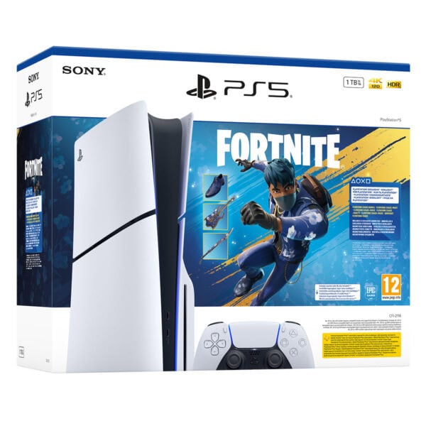 Yüksek performanslı PlayStation 5 ve Fortnite oyunu içeren beyaz oyun konsolu ve kontrolcü, oyuncu ekipmanları ve oyun aksesuarları, yüksek çözünürlük ve hızlı işlemci özellikleriyle öne çıkan ürün.