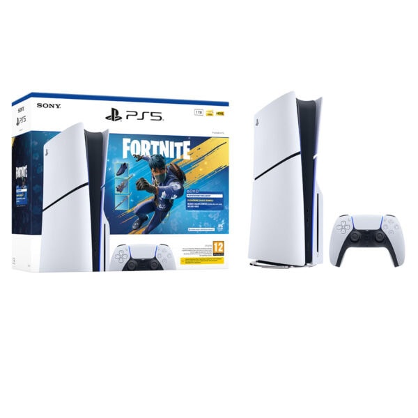 Yüksek çözünürlüklü PS5 oyun konsolu ve kontrolcüsü, Fortnite ve PlayStation 5 özellikleri ile birlikte, genç oyun tutkunlarına hitap eden modern tasarım.