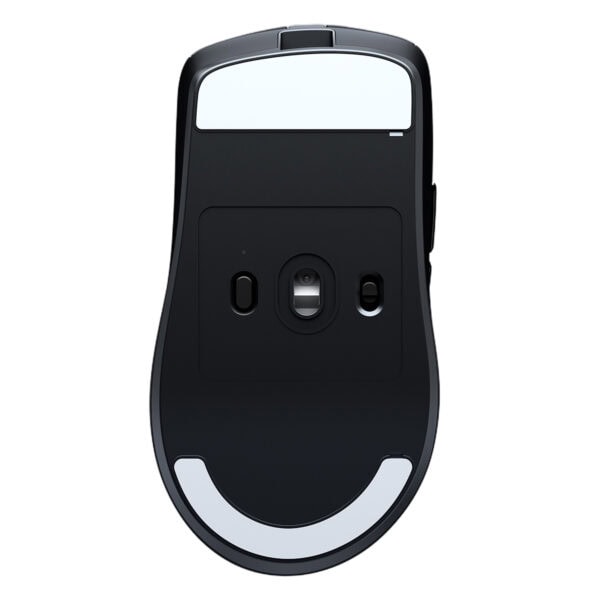 Yüksek çözünürlüklü siyah lazer fare arka görünüm, ergonomik tasarım, hassas izleme ve kablosuz bağlantı özellikleri ile ofis ve oyun kullanımı için uygun.