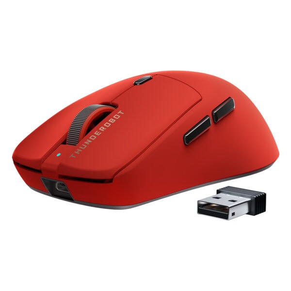 Yüksek çözünürlükte kırmızı renkli Thunderbot kablosuz fare, yanlarda düğmeler ve ergonomik tasarım ile ergonomik kullanım sağlar. USB bağlantı adaptörüyle kablosuz bağlantı kolaylığı sunar.