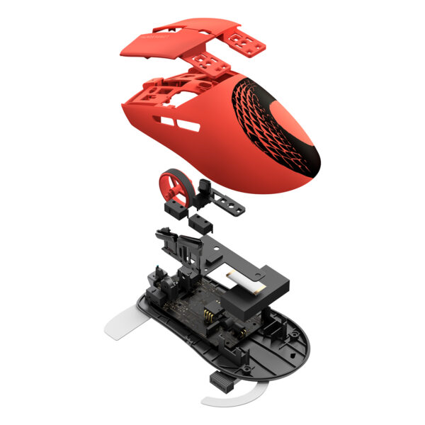 Yüksek detaylı kırmızı oyun fareğinin iç yapısının soyut montaj görünümü.