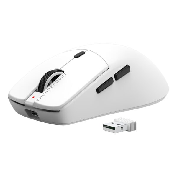 Yüksek çözünürlüklü Thunderobot lazer fare, kablosuz USB alıcı ile ergonomik tasarım ve hassasiyetle hız ve doğruluk sağlar. Oyun ve ofis kullanımı için ideal, şık beyaz görünümlü mouse.