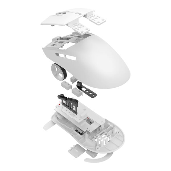 Yalıtılmış beyaz oyun fare iç yapısı, detaylı parçaların teknik çizimi.