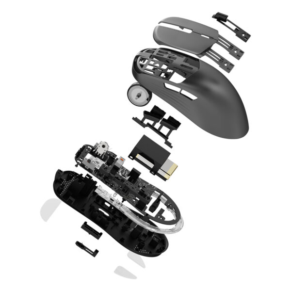 Yapışkan ve yapı parçalarıyla açılmış kablosuz fare iç yapısı detaylı görüntüsü.