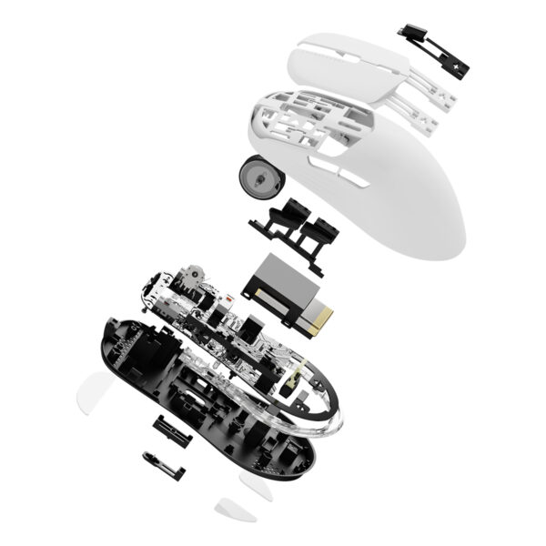 Kesintisiz fare ve kablosuz mouse parça detayları Görüntüsü, bilgisayar aksesuarları ve kablosuz fare bileşenleri ile ilgili teknik tasarım ve iç yapı şeması.