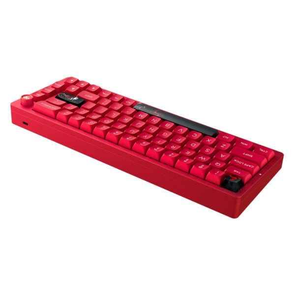 Kırmızı renkli mini kablosuz mekanik oyun klavyesi, kompakt ve taşınabilir tasarım, RGB aydınlatmalı tuşlar ve yüksek performanslı gaming özellikleriyle büyük oyun deneyimi sağlar.