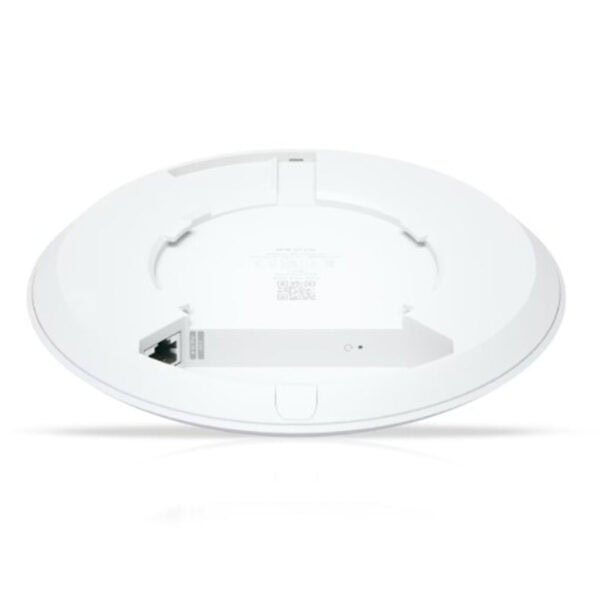 Yazılım ve ağ bağlantıları için tasarlanmış, beyaz renkli oval tasarımlı Wi-Fi erişim noktası cihazı. Güç ve Ethernet portları ile yüksek hızda internet erişimi sağlar.