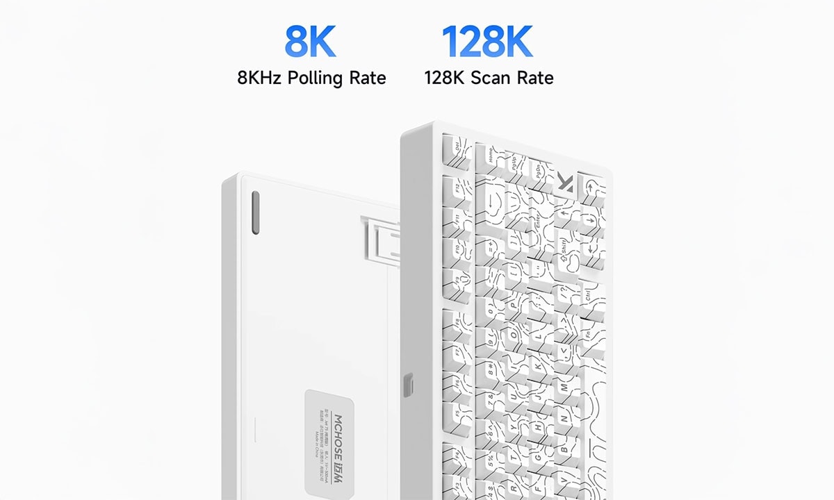 8K ve 128K tarama hızlarını gösteren modern klavye. Hızlı ve hassas yazım deneyimi için ideal, profesyonel kullanım ve oyunlar için uygun.
