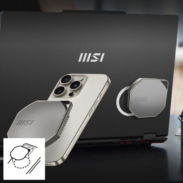 MSI markalı MacBook Air M2 soğutucu ve monitörlü telefon tutucu, taşınabilir ve pratik kullanım için tasarlanmış, ofis ve seyahatlerde performansı artıran laptop aksesuarı.