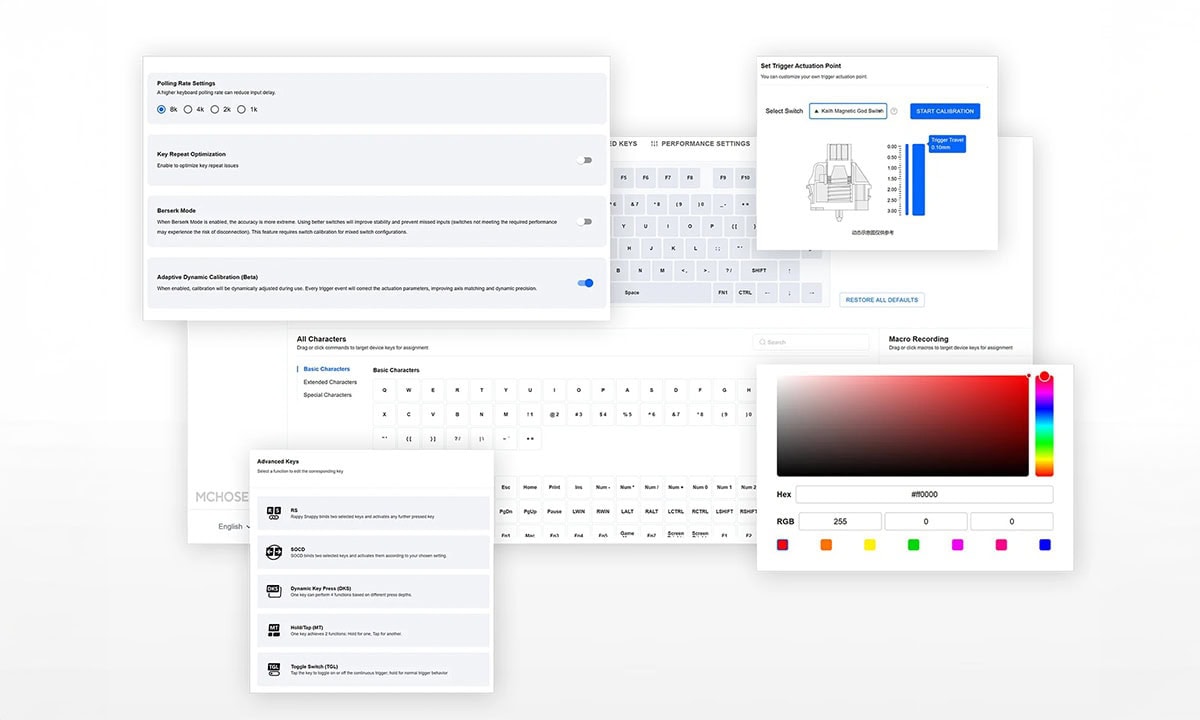 Çeşitli sürücü ve kalibrasyon seçenekleri ile üstün performans ve hassasiyet sağlar. Keyboard ve joystick ayarları, renk ve tuş kalibrasyonu, gelişmiş anahtar seçenekleri ile özelleştirilebilir.