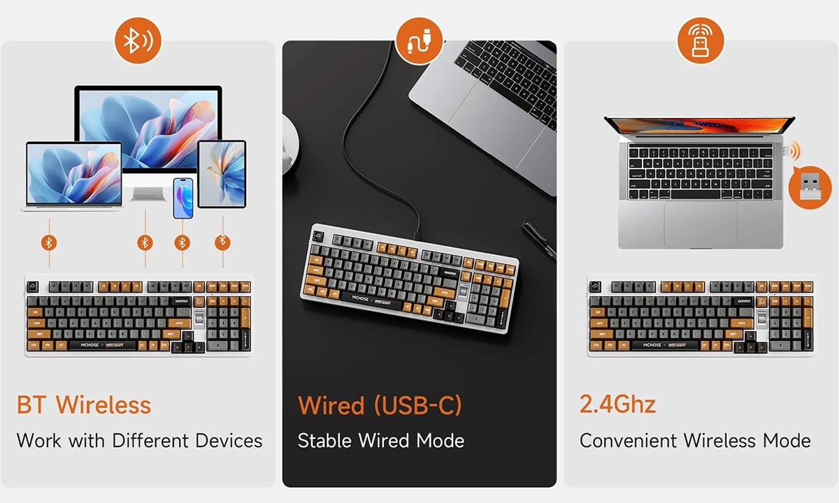 Bluetooth ve 2.4GHz kablosuz bağlantı özellikleriyle farklı cihazları kolayca kontrol edin. USB-C kabloyla sabit bağlantı sağlar, ofis ve oyun kullanımı için ideal.