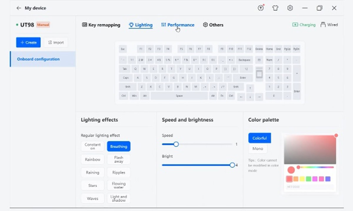 Notebook ekran ışık ayarları, renk ve performans seçenekleri, klavye ışıklandırması ve renk paletleriyle optimize edilmiş dizüstü bilgisayar görseli.