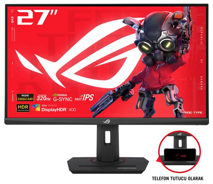 3840x2160 4K çözünürlük ve 27 inç ASUS ROG oyuncu monitörü, NVIDIA G-SYNC ve DisplayHDR 400 özellikleriyle akıcı oyun deneyimi sunar. Siyah renkli oyun bilgisayarı ve telefon tutucu özelliği ile ergonomik ve fonksiyonel tasarım.