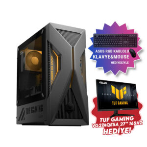 ASUS TUF Gaming masaüstü bilgisayar, RGB klavye ve mouse ile birlikte, 27 inç monitör ve gaming aksesuarlarıyla donatılmış, yüksek performanslı oyun bilgisayarı.