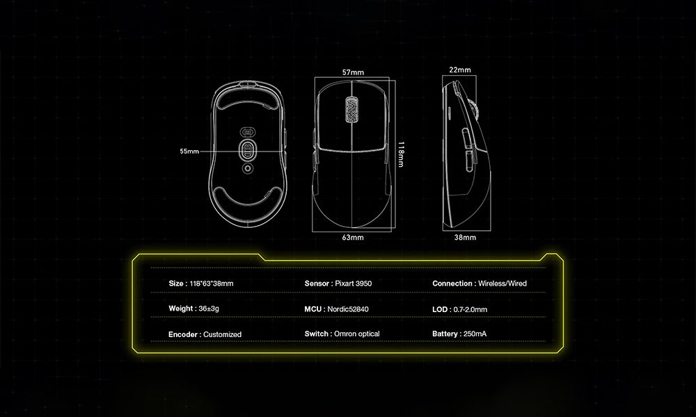 Se Tyrex V8 hafif ve dayanıklı oyun faresidir, 36 gram ağırlında, yüksek performans ve hassasiyet sağlar, uzun süreli kullanım için ideal oyun aksesuarı.