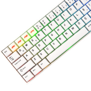 Yukarıdan görünümde, renkli arka aydınlatmalı mini bilgisayar klavyesi, beyaz tuşlar ve renkli LED ışıklar ile modern ve şık tasarım. Üstün yazma deneyimi sağlar.
