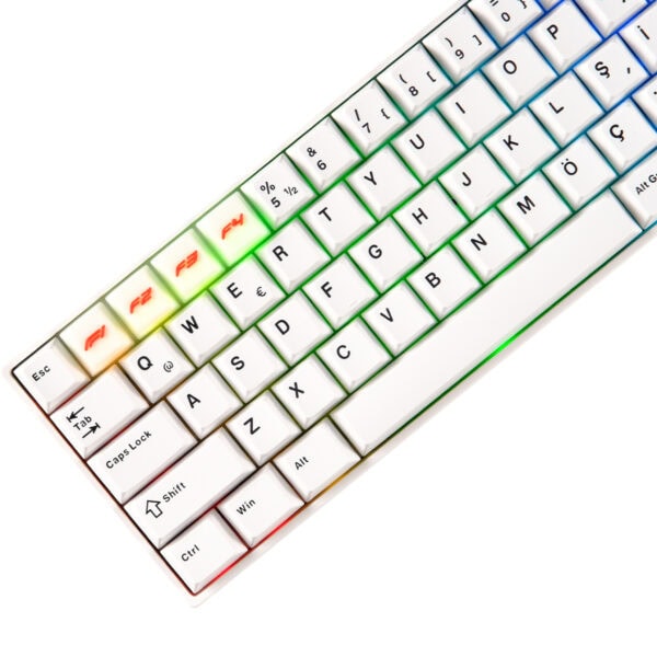 Yukarıdan görünümde, renkli arka aydınlatmalı mini bilgisayar klavyesi, beyaz tuşlar ve renkli LED ışıklar ile modern ve şık tasarım. Üstün yazma deneyimi sağlar.