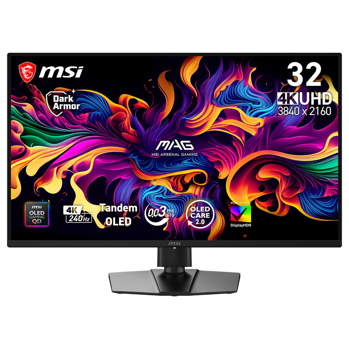 MSI MAG ARTİLİS 32 inç 4K UHD Oyun Monitörü, 3840x2160 çözünürlük, 32 inç ekran, 4K HDR, 144Hz yenileme hızı, Dark Armor tasarım, OLED ekran, Gelişmiş renk ve kontrast özellikleri ile oyun ve profesyo.