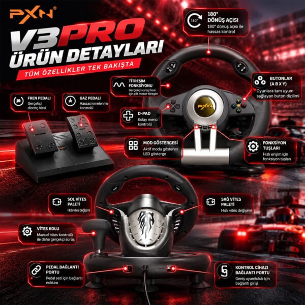 Pxn V3 Pro Siyah Pc Xbox Oneseries Ps4 Uyumlu Direksiyon Seti 4