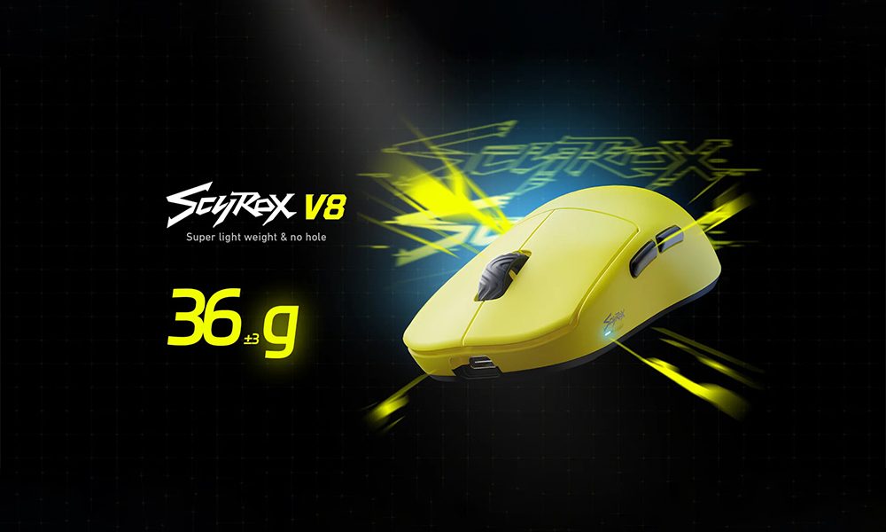 Se Tyrex V8 hafif ve dayanıklı oyun faresidir, 36 gram ağırlında, yüksek performans ve hassasiyet sağlar, uzun süreli kullanım için ideal oyun aksesuarı.