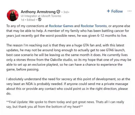 Ubisoft Toronto Gelistiricisi Rockstarin Olumcul Hastaligi Olan Bir Aile Uyesi Icin Gta Viya Erken Erisim Talebine Yanit Verdigini Soyledi 1