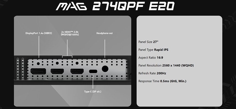 MSI MAG 274QPF E20 27 inç 200Hz 0.5ms WQHD Adaptive Sync Rapid IPS monitör, oyun ve grafik tasarım için ideal, yüksek çözünürlük ve hızlı tepki süresi sunar.