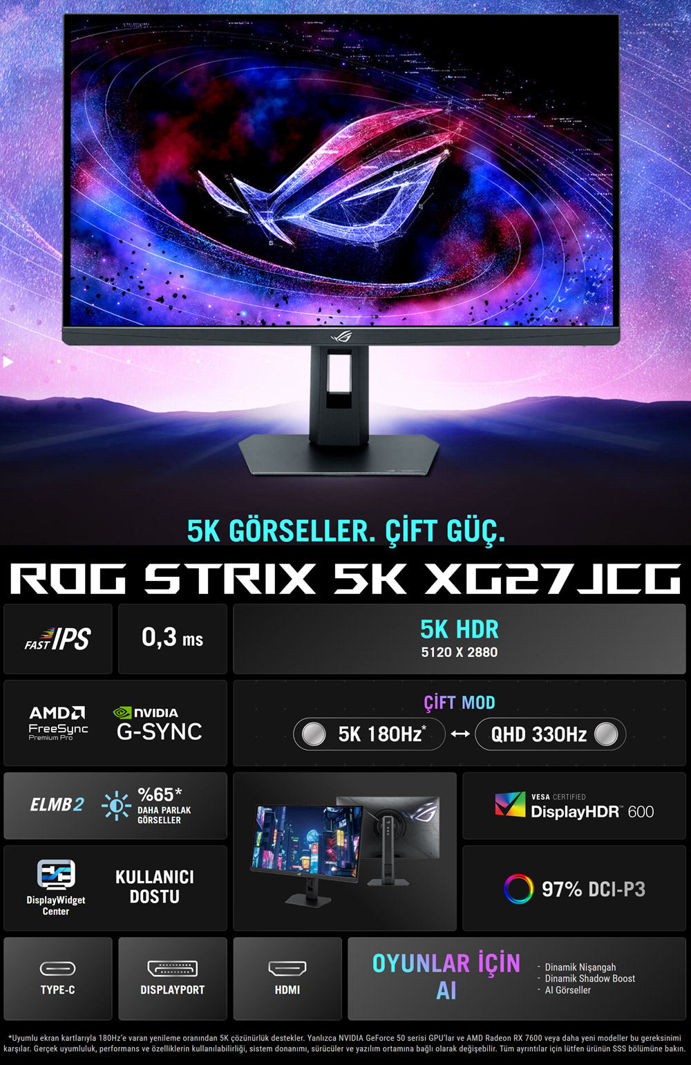 ASUS ROG Strix XG27JCG 27 inç 180Hz 5K 0.3ms 330Hz 2K QHD Dual Mode Adaptive Sync Fast IPS Pivot Gaming Monitör h3
