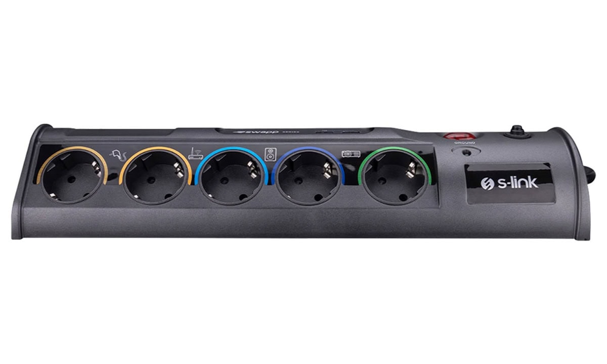 Siyah renkli S-Link PRZ010 PrizHive 1.8M 1860 Joule korumalı çoklu priz, USB ve Type-C çıkışlarıyla elektrikli cihazlar için güvenli ve kullanışlı güç dağıtıcı.
