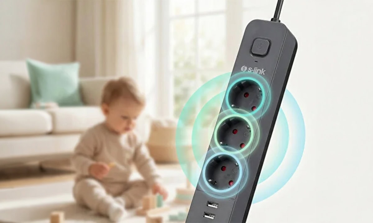 S-link SPG03U 3'lü priz, USB ve Type-C çıkışlı, 5V 2.4A, 1.5m kablo, 100% bakır ile güçlendirilmiş, 750 Joule enerji koruma, akım korumalı, çocuk güvenli ve şık tasarım.