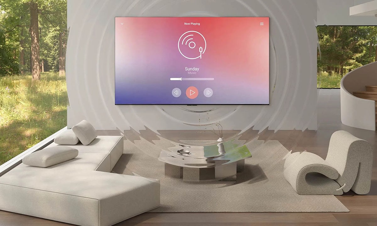 TCL 55Q7C 55 inç 4K UHD QD-MiniLED Google TV, şık ve modern oturma odasında yer alıyor. Çevre dostu tasarımı ve premium özellikleriyle ev eğlencesi için ideal.
