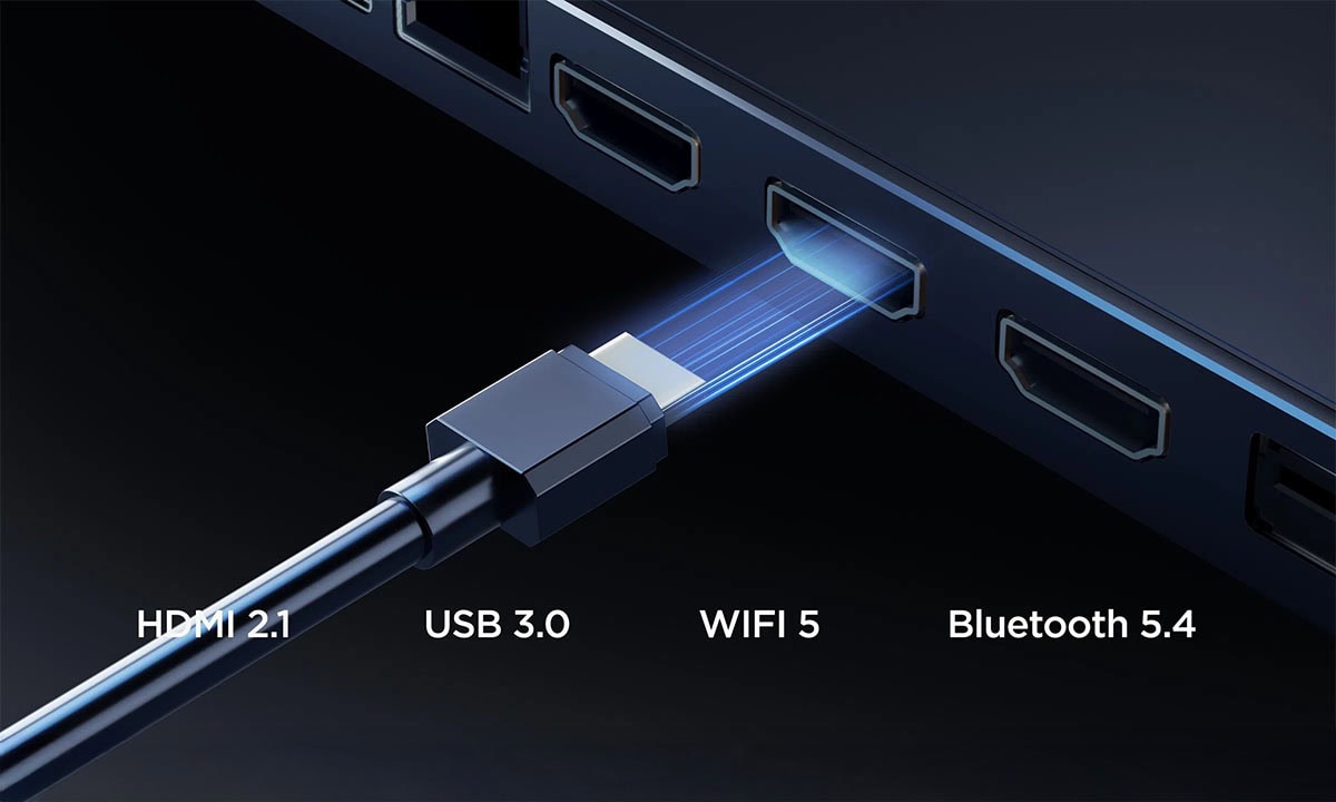 HDMI 2.1, USB 3.0, Wi-Fi 5 ve Bluetooth 5.4 özellikleriyle gelişmiş bağlantı seçenekleri sunan modern dizüstü bilgisayar veya televizyon arka paneli.