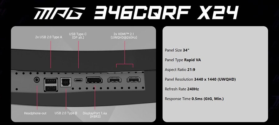 MSI MPG 346CQRF X24 34 inç 240Hz UWQHD Kavisli Gaming Monitör için yüksek çözünürlük ve hızlı tepki süresi. Adaptive Sync ve Rapid VA teknolojisi ile akıcı oyun deneyimi sağlar.