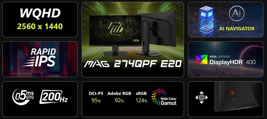 MSI MAG 274QPF E20 27 inç 200Hz 0.5ms WQHD Adaptive Sync Rapid IPS monitör, yüksek performans ve net görüntü kalitesi sunar. Oyun ve profesyonel kullanım için ideal, geniş renk gamı ve hızlı tepki sür.