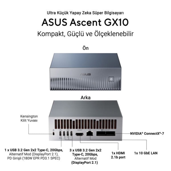 ASUS Ascent GX10 mini bilgisayar, kompakt ve güçlü, yüksek performans ve ölçeklenebilirlik sunar.