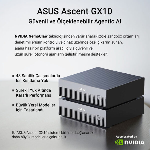 ASUS Ascent GX10, NVIDIA NemoClaw teknolojisiyle izole sandbox ortamları sağlayan, güvenli ve ölçeklenebilir AI sunucu. Uzun süreli otonom ajanlar ve büyük modeller için tasarlanmış, yüksek performans.
