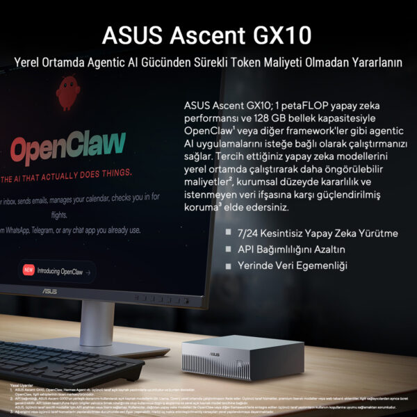 ASUS Ascent GX10 masaüstü bilgisayar, yapay zeka performansı ve 128 GB RAM ile yüksek verimlilik sağlar, yerel ortamda güvenli ve hızlı veri işleme imkanı sunar.
