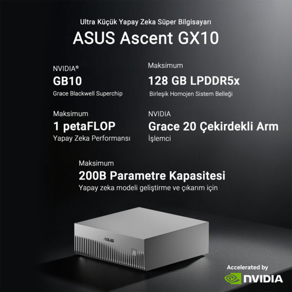 ASUS Ascent GX10, NVIDIA GeForce Grace Blackwell Superchip ile donatılmış, 128 GB LPDDR5 RAM ve 200 GB parametre kapasitesi ile güçlü ve kompakt bir bilgisayar.