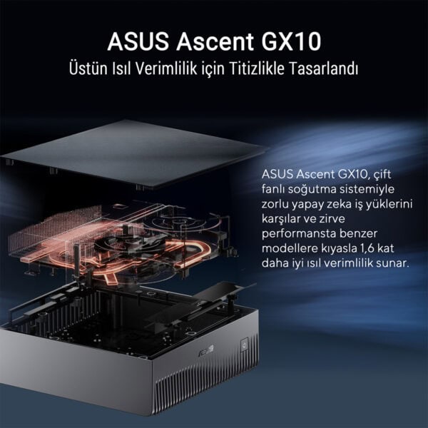 ASUS Ascent GX10 yüksek performanslı bilgisayar kasası, çift fanlı soğutma sistemi ve gelişmiş ısı yönetimi ile üstün verimlilik sağlar.