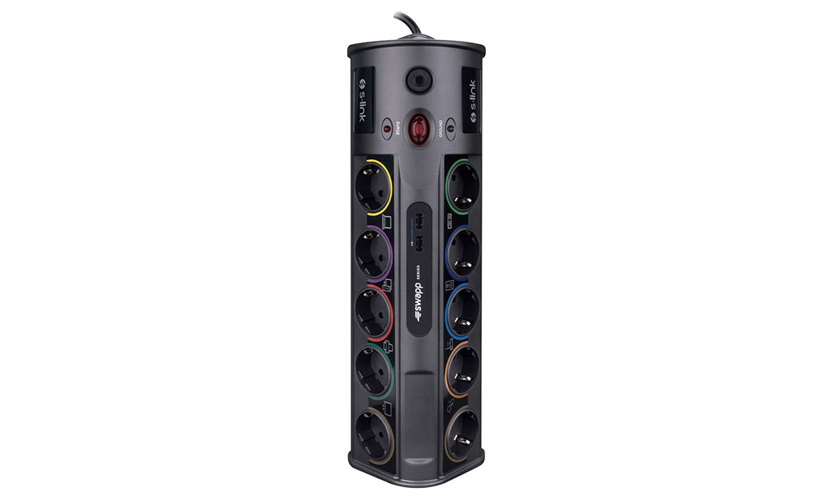 S-Link PRZ010 1.8M uzunlukta, 16A akım korumalı priz, USB ve Type-C çıkışlarıyla çoklu şarj imkanı sunar, 1860 Joule koruma seviyesine sahip, dayanıklı ve güvenli priz.