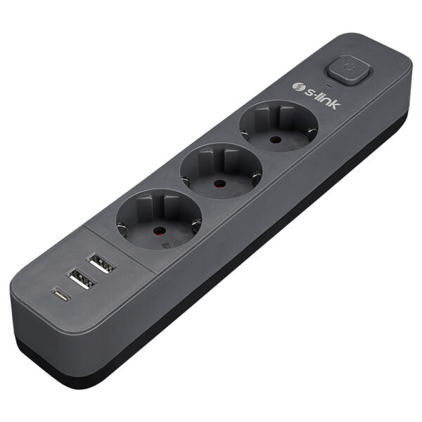 S-link SPG03U 3'lü priz ve USB portları, 1.5m kablo, 100% bakır ile güç ve koruma sağlar, akım korumalı, şık ve dayanıklı tasarım.