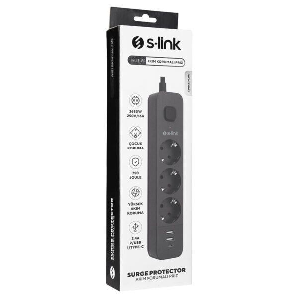 S-link SPG03U 3'lü akım korumalı priz, USB ve Type-C çıkışlı, 2.4A hızlı şarj, 750 Joule koruma, çocuk koruma, 1.5m kablo, 100% bakır ile yüksek performans.