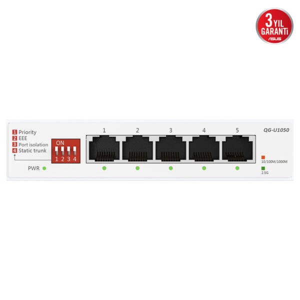 ASUS QG-U1050 5 port 2.5 Gigabit yönetilemez switch, yüksek hız ve güvenilir bağlantı sağlar. Ofis ve ev ağlarınızda hızlı veri transferi ve kolay kurulum imkanı sunar.