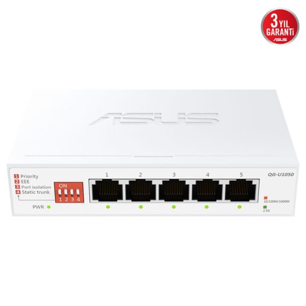 ASUS QG-U1050 5 port 2.5 Gigabit yönetilemez anahtar, yüksek hız ve güvenilir bağlantı sağlar. Ofis ve ev ağlarınızda hızlı veri transferi ve kolay kurulum için ideal.